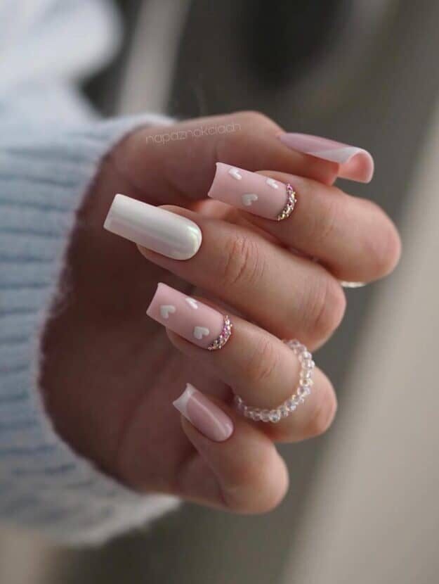 Valentine’s Day Nails | Pastel Pink and White Nails with Gem Accents - Subtle Glam
