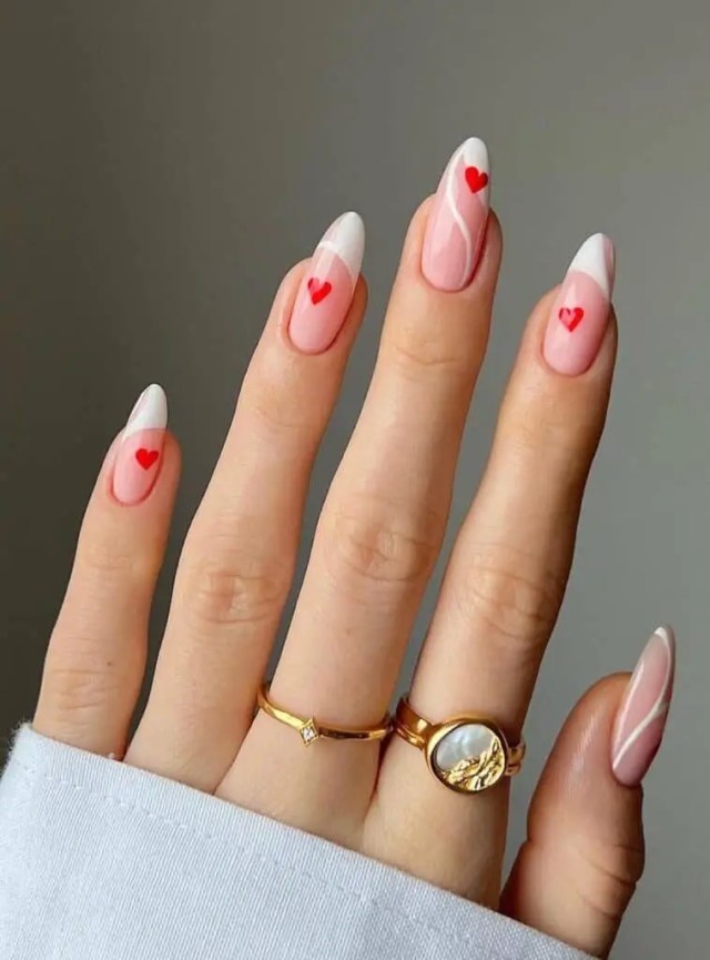 Valentine’s Day Nails | White Waves and Red Hearts Nail Design - Elegant Contrast