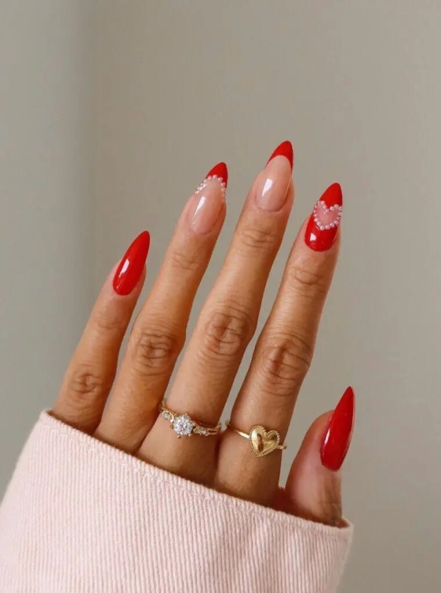Cherry Red Polish with Pearls - Glamorous Valentine’s Nails