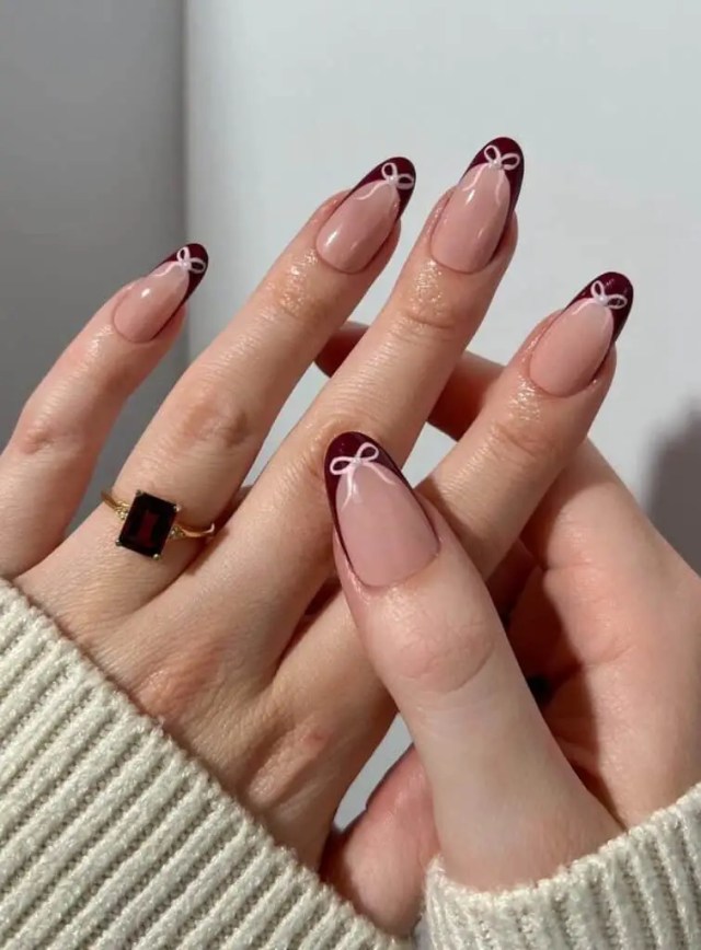 Valentine’s Day Nails | Dark Red Tips with Pink Bows and Pearls - Elegant and Playful