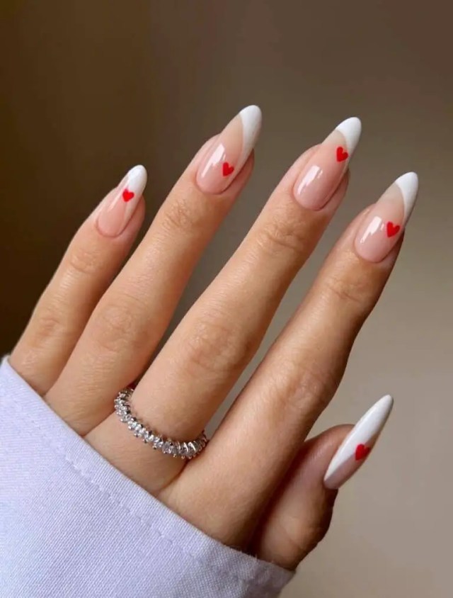 Valentine’s Day Nails | Side Tip French Manicure with Red Heart Accents