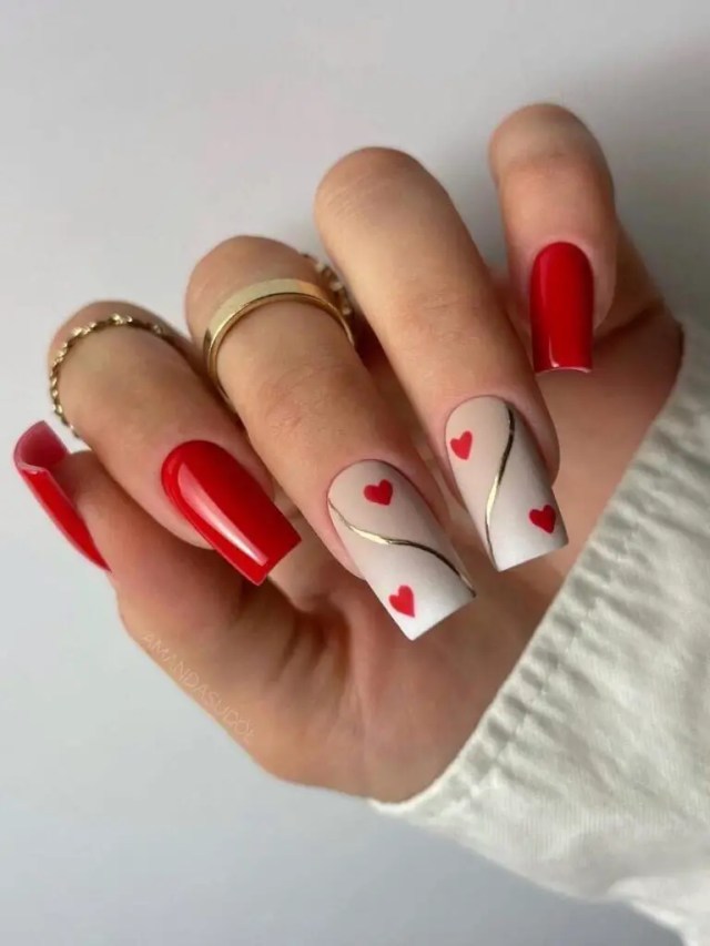 Beige, Red, and Gold Valentine’s Day Nail Perfection