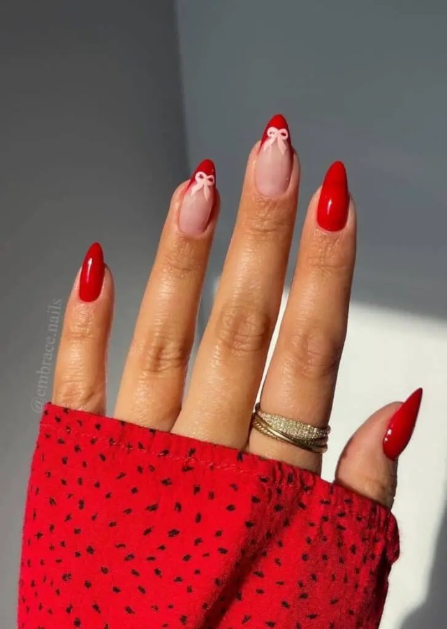 Valentine’s Day Nails | Cherry Red with Light Pink Bows - Sweet Valentine’s Touch