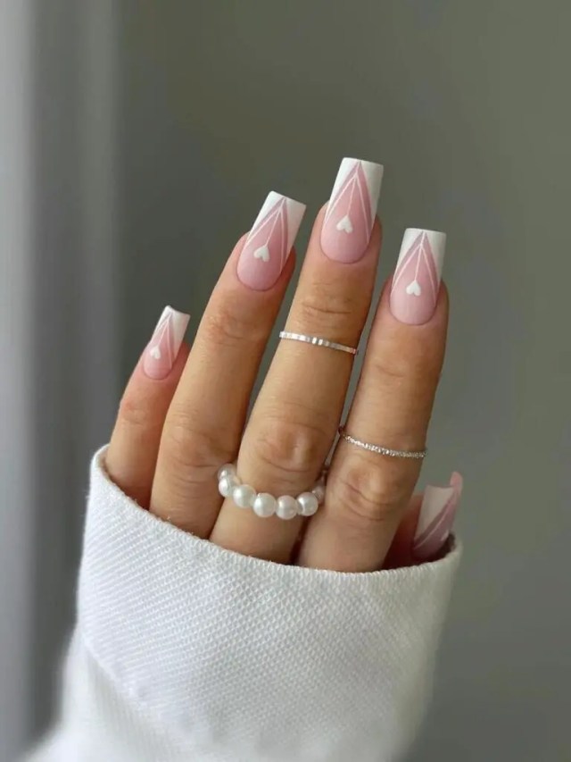 Valentine’s Day Nails | Matte Pink and White Manicure with Hearts - Modern Elegance