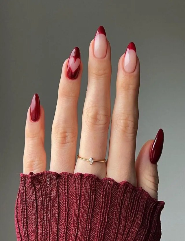 Valentine’s Day Nails | Dark Red Nails with Negative Space Hearts - Bold and Romantic