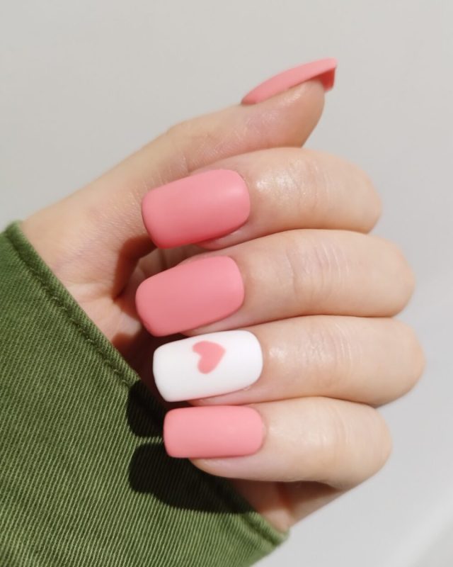 Valentine’s Day Nails - Matte Pink Heart Nails 2024: Subtle Romance for the New Year