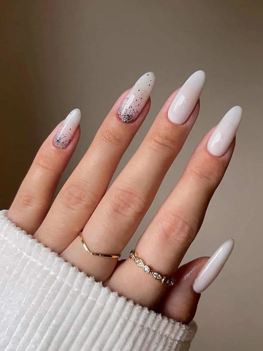 Milky White Almond Nails + Glitter Ombre