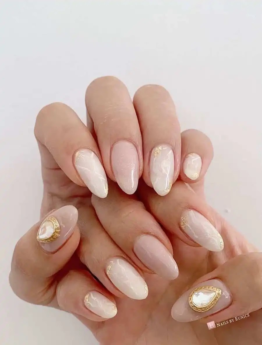 Nude + White Marbled Nails w/ Gold Accents