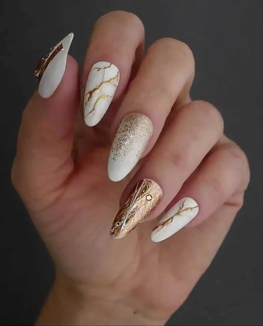 White + Gold Patterned Nails