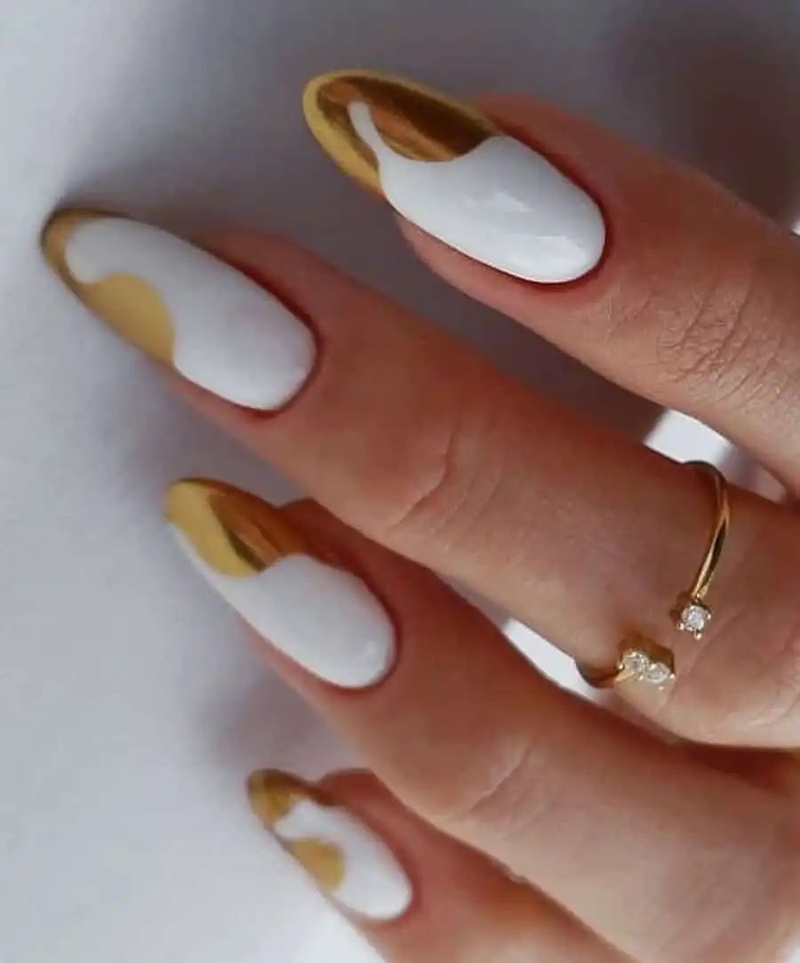 White Almond Nails + Gold Waves