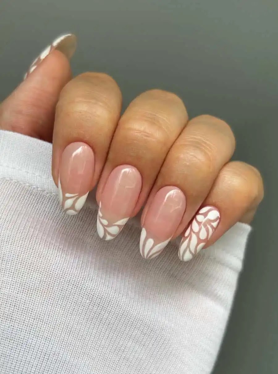 Pink Nude Nails & White Polish Teardrops