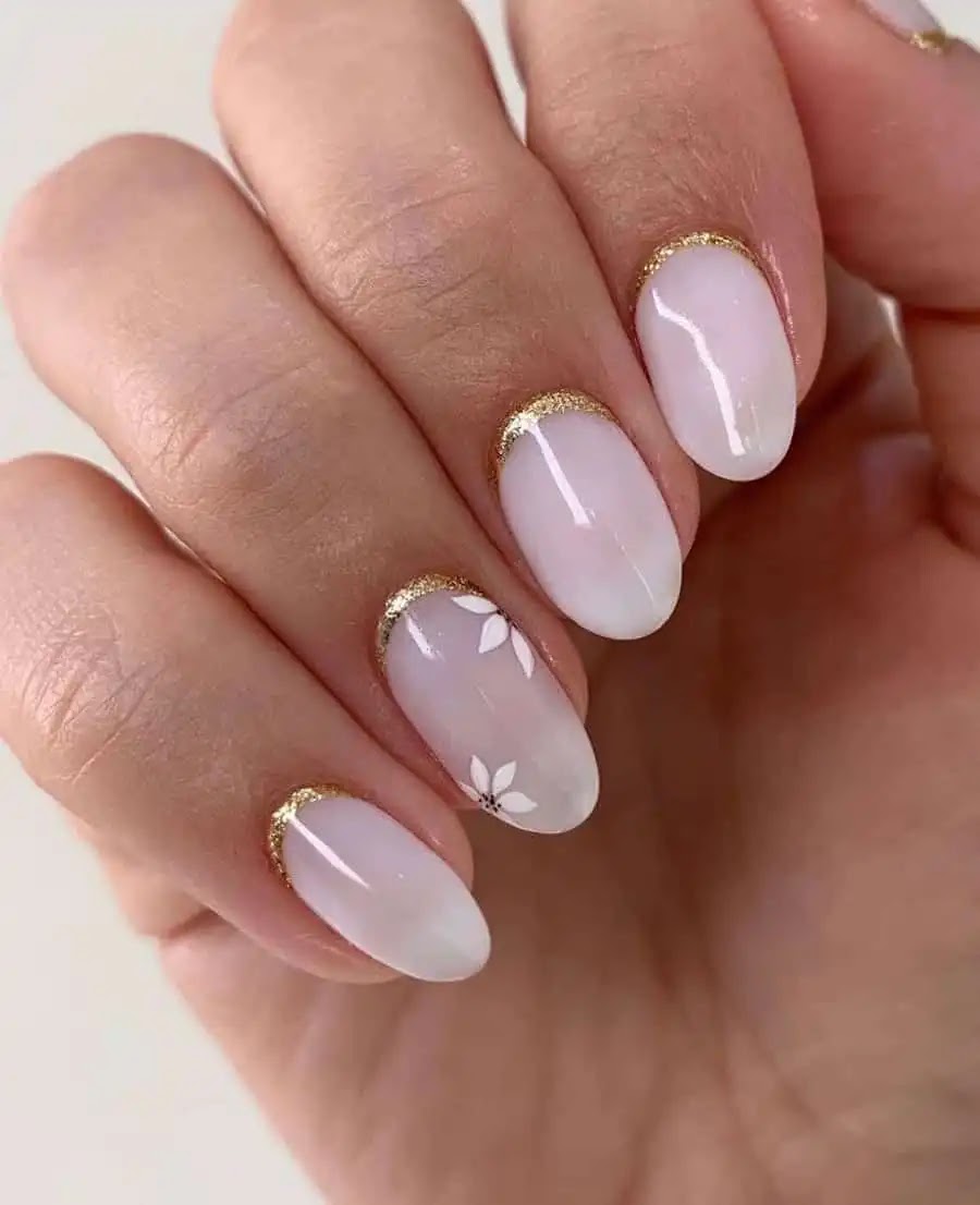 Milky White Nails, Gold Reverse French Tips & Floral Details