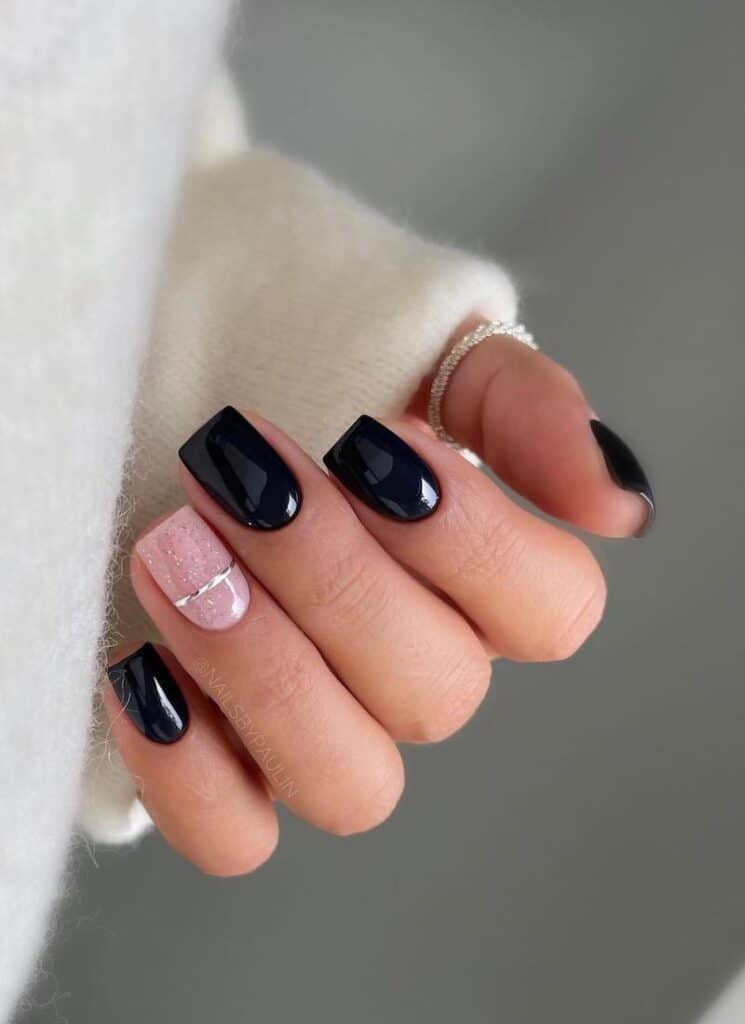 Black Mani w/ Glitter & Silver Band Accents