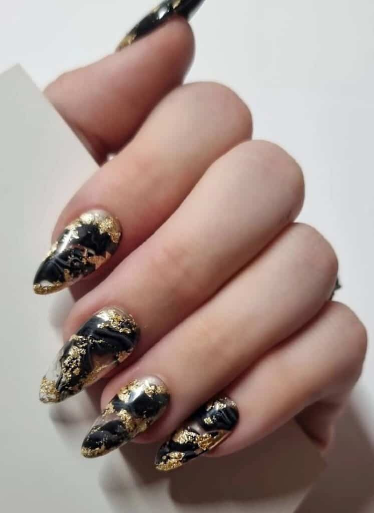 Black Marbled Nails & Gold Foil