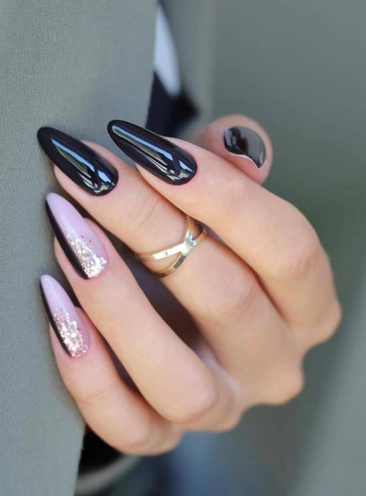 Glossy Black Nails + Glitter Ombre