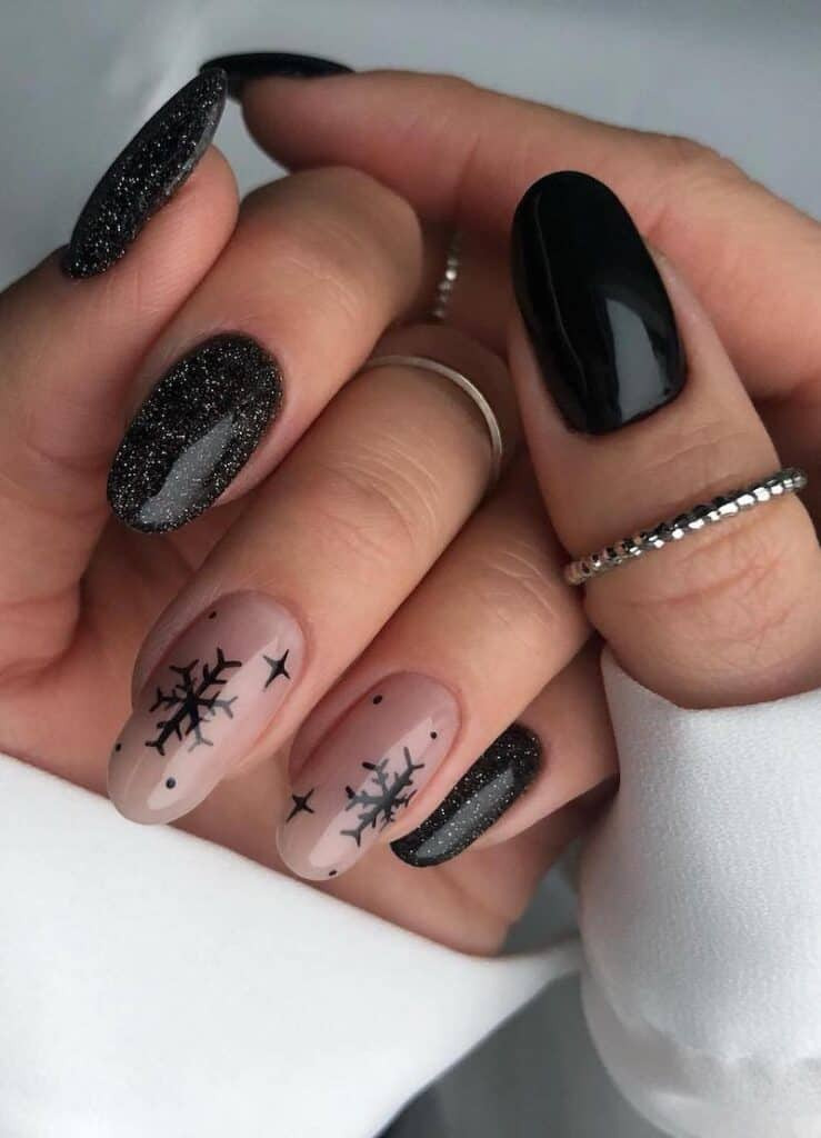 Blacks Nails w/ Glitter, Sparkles + Snowflakes