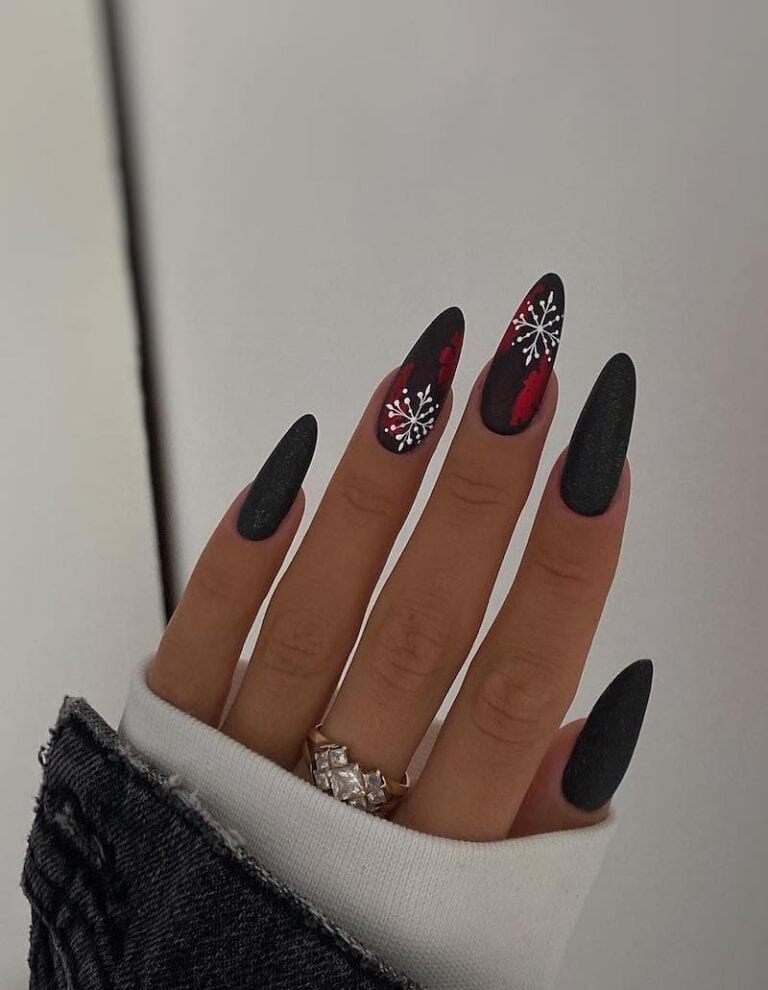 Black Mani w/ Red Accents + White Snowflakes