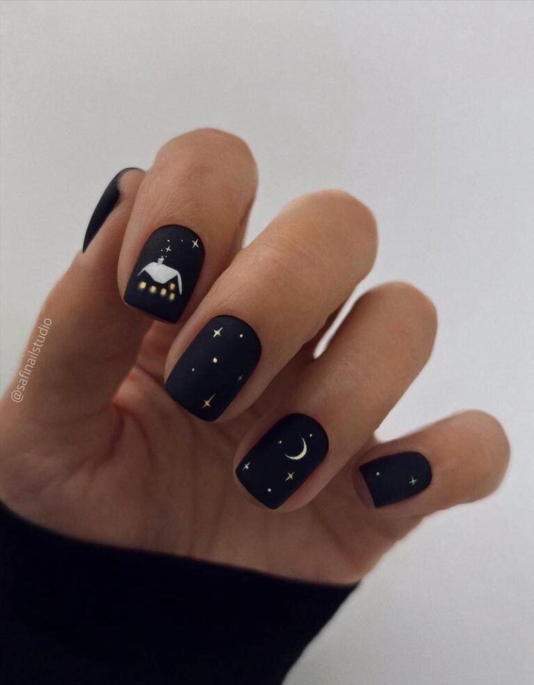 Black Christmas Nail Ideas: Starry Winter Sky Nails