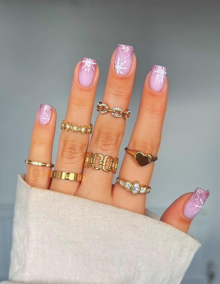 Shimmering Ombre French Tips with Snowflake Accents