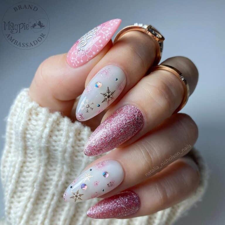 Milky White Nails with Glittery Pink Accents