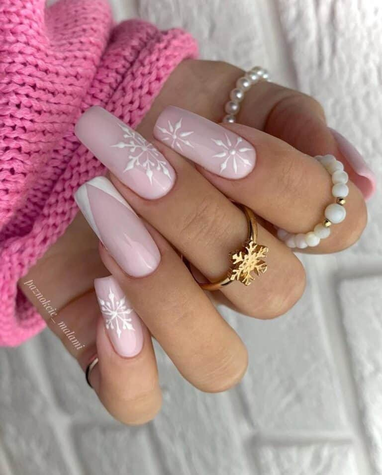 Glossy Pastel Pink Nails with White Snowflakes