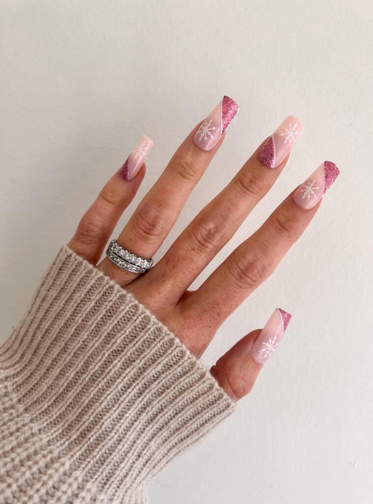 Slanted Pink Glitter and Snowflake Nail Designs