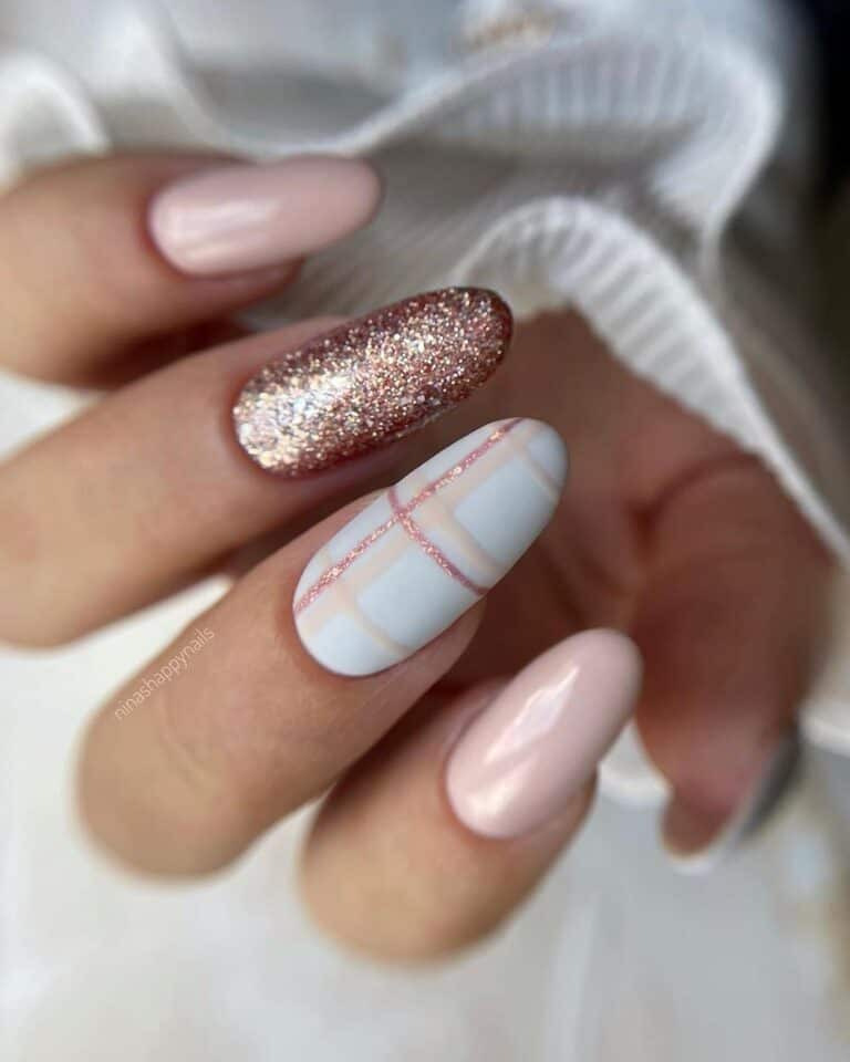 Dusty Pink Nails with Glitter and Plaid Accents