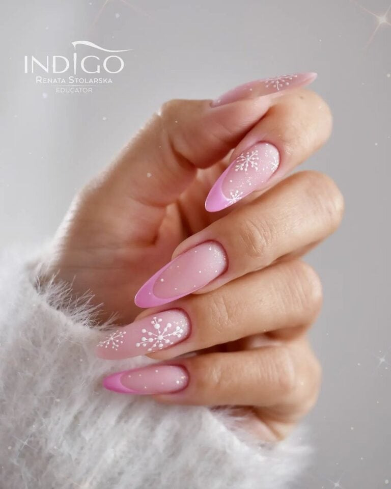 Matte Nails with Pink French Tips and White Snowflake Art