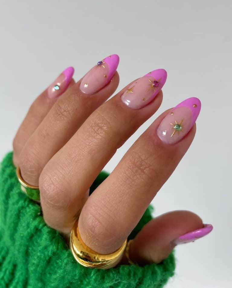 French Manicure with Gold Sparkles and Colorful Gems