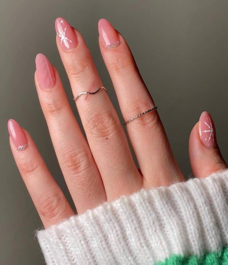 Pink Nails with Snowflake Patterns and Silver Beads