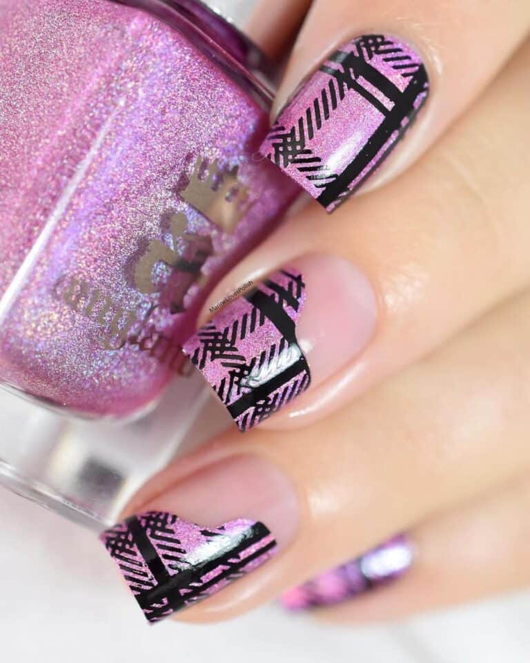 Shimmering Pink and Black Plaid Nail Art