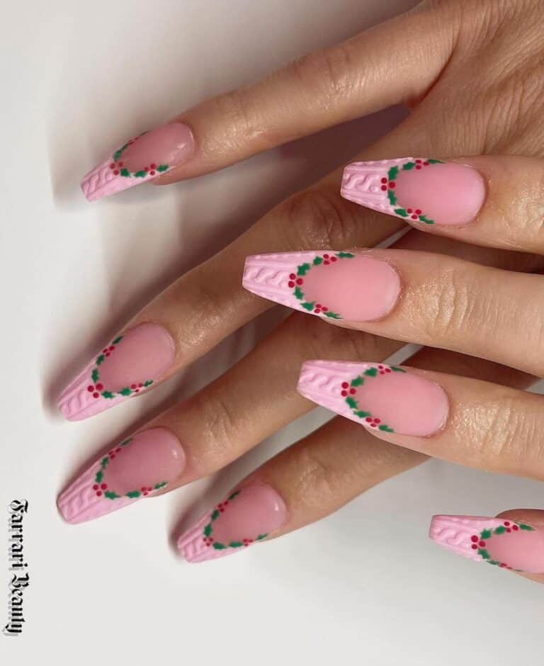 Pink Sweater French Tip Nails with Mistletoe Borders