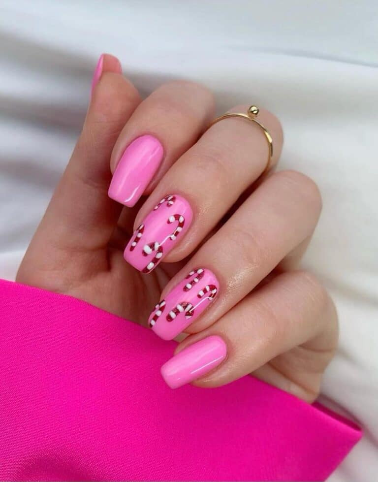 Bright Pink Nails with Candy Cane Designs