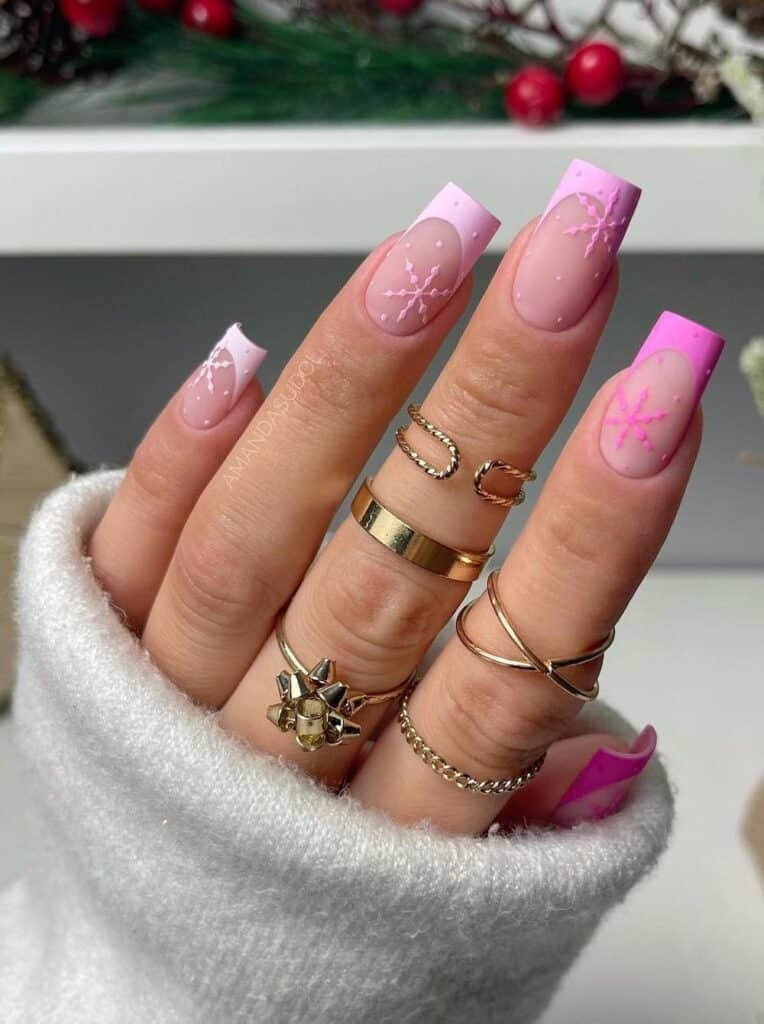 Gradient French Manicure with Snowflake Patterns