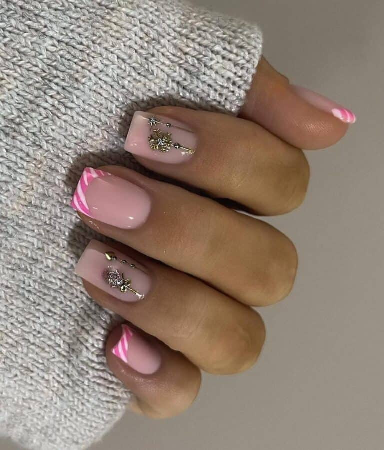 Silver Ornaments and Striped Pink French Tip Nail Styles