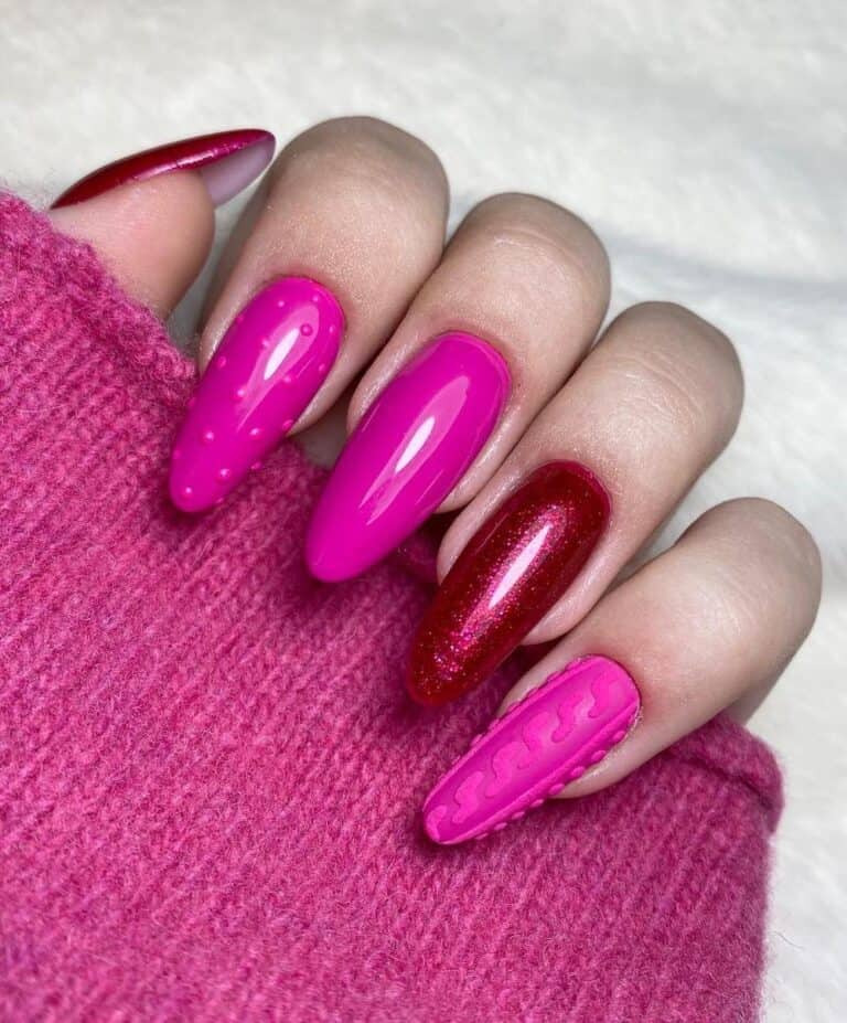 Hot Pink Manicure with Red Glitter Accent Nails