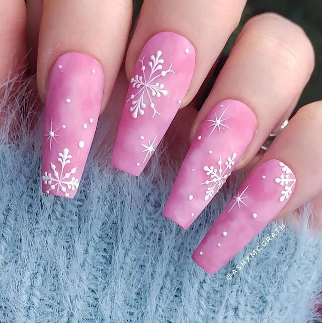 Winter Nail Designs | Pink Marbled Nails Featuring Sophisticated Snowflake Art