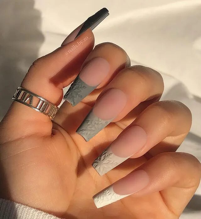 Winter Nail Designs | French Tip Nails Enhanced by Gray Gradient Snowflakes