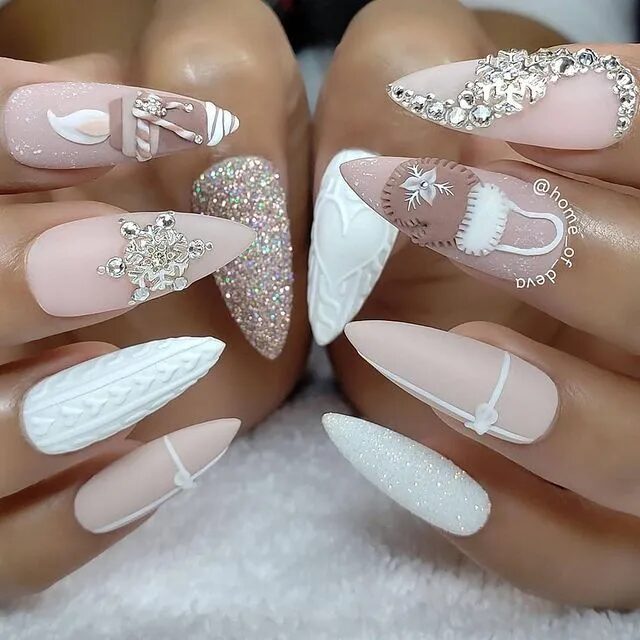 Winter Nail Designs | Whimsical White and Pink Embellished Nails