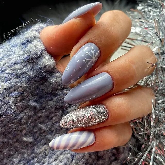 Winter Nail Designs | Pale Blue Nails Accented with Glittery Silver for a Touch of Sparkle