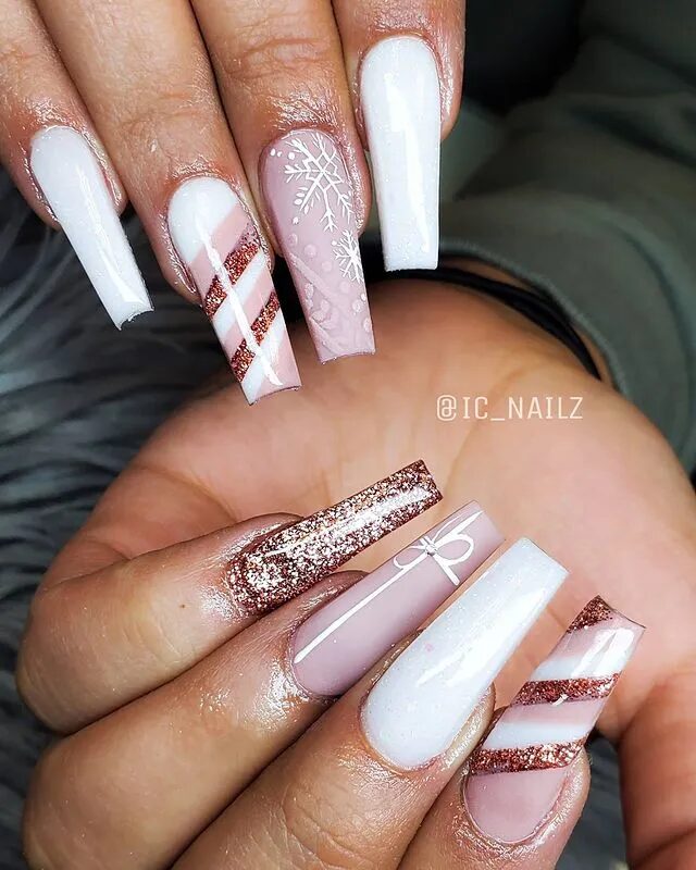 Winter Nail Designs | Rose Gold Glam: Pink, White, and Glitter Nails for a Stylish Statement