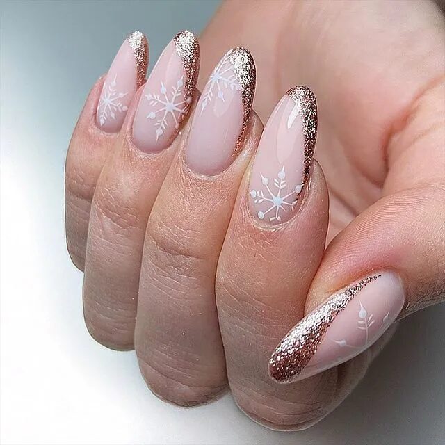 Winter Nail Designs | Rose Gold French Tips Embellished with Snowflake Nail Art