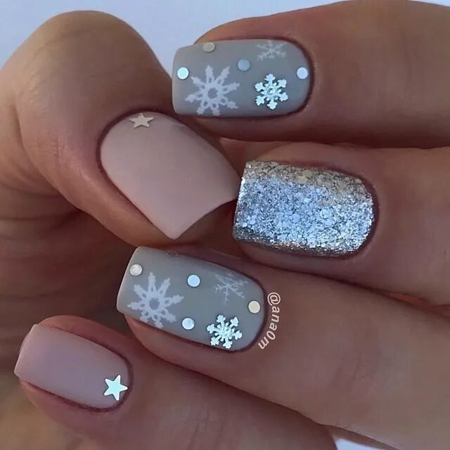 Winter Nail Designs | Pink and Gray Snowflake Nails for a Delicate Winter Touch