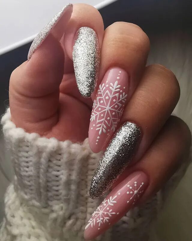 Winter Nail Designs | Pink and Silver Nails with Delicate Snowflakes for a Feminine Touch