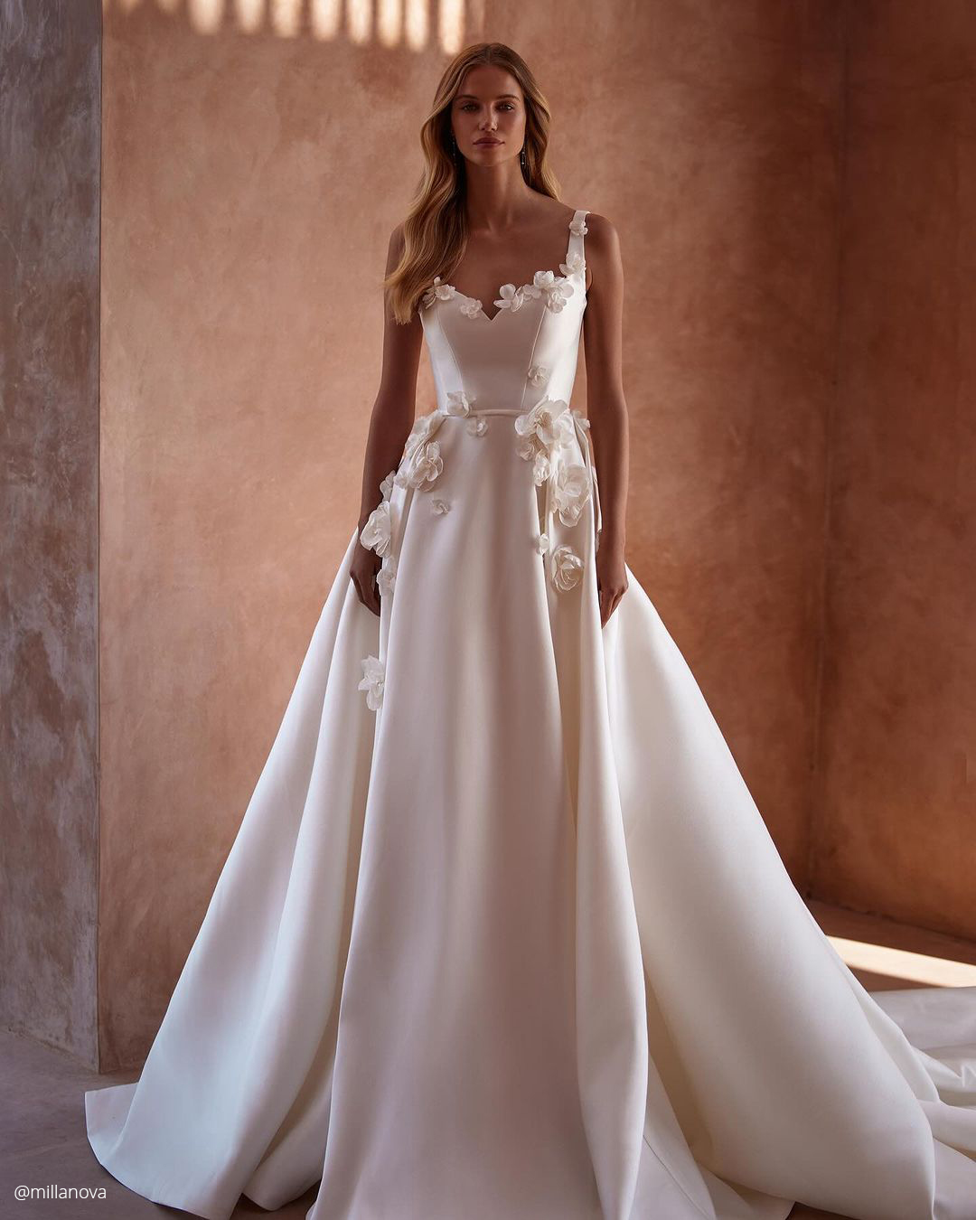 a line wedding dresses simple with floral aplliques millanova