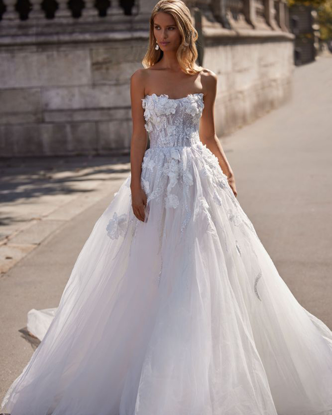 a line wedding dresses strapless neckline floral appliques millanova