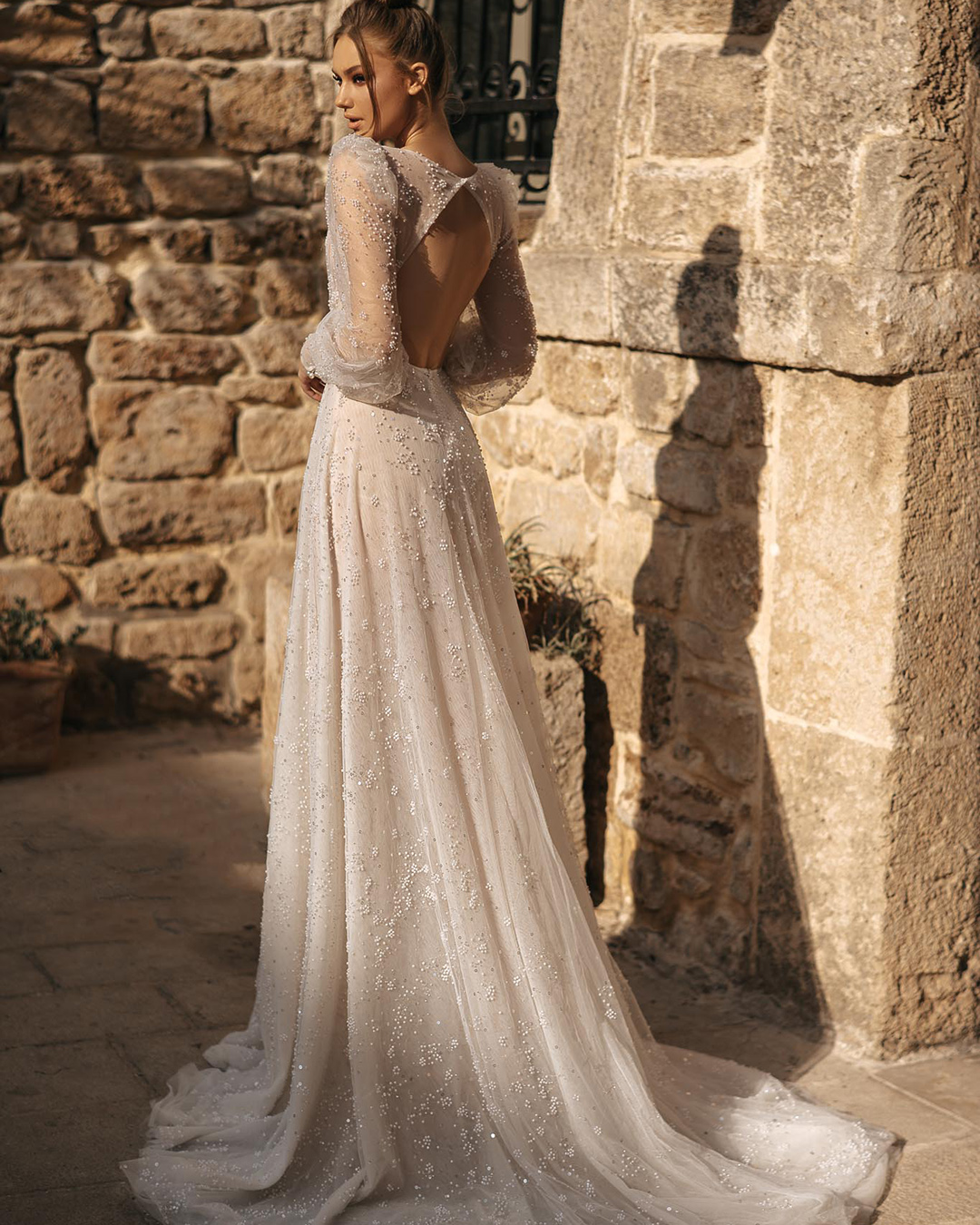 a line wedding dresses a line open back with long sleeves berta