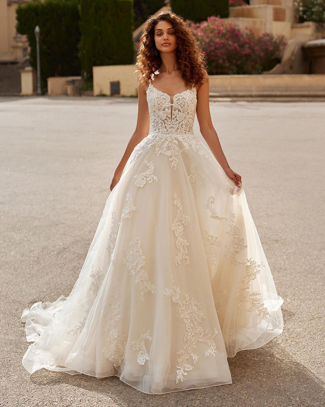 a line wedding dresses lace with spaghetti straps moonlight