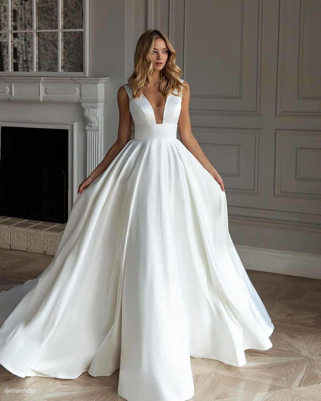 a line wedding dresses simple deep v neckline evalendel