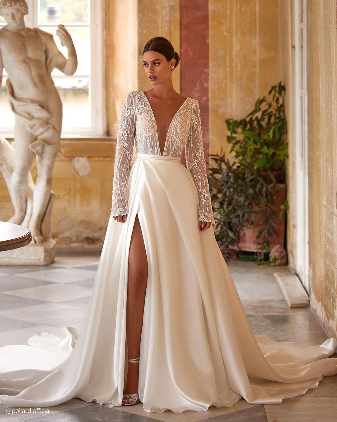 a line wedding dresses with long sleeves deep v necklinepollardiofficia